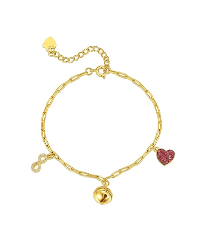 GiGiGirl 14k Yellow Gold Plated with Red & Cubic Zirconia Heart, Cowbell, and Infinity Dangle Charm Bracelet