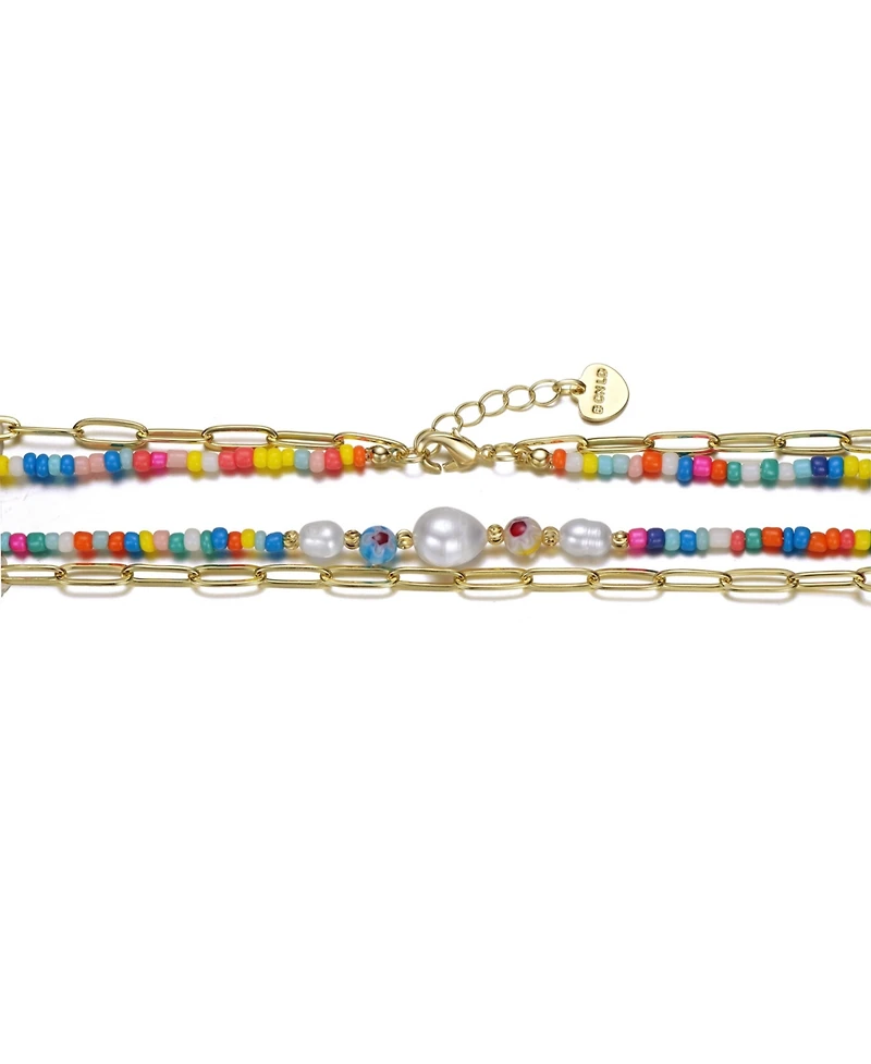 GiGiGirl 14k Yellow Gold Plated Multi-Color Beads Bracelet with Freshwater Pearls and an Outer Link Chain for Kids