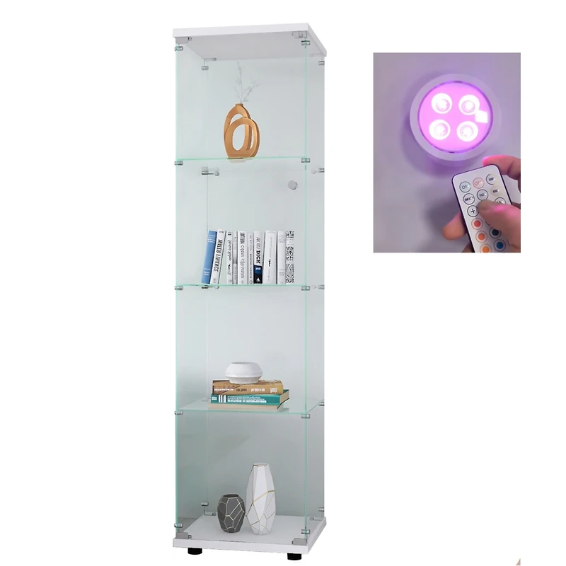 Streamdale Furniture Lighted 4 Shelves Glass Cabinet Glass Display Cabinet With One Door, White