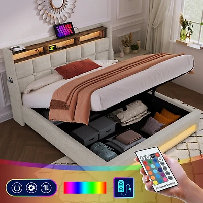 Streamdale Queen Upholstered Platform Bed with Storage, Led, Usb
