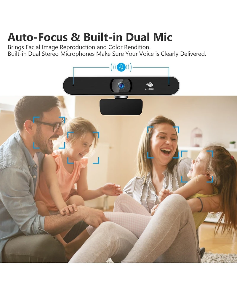 Z-edge ZW511 Full Hd 1080P Webcam Auto Focus Web Camera for Pc, Built-in Dual Stereo Microphone