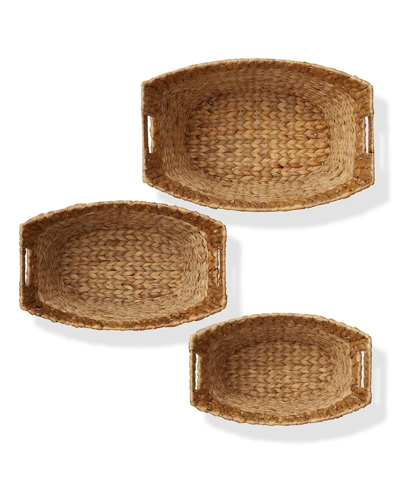 Casafield Set of 3 Oval Baskets with Handles - Natural, Water Hyacinth Woven Storage Totes for Blankets, Laundry, Bathroom, Bedroom, Living Room