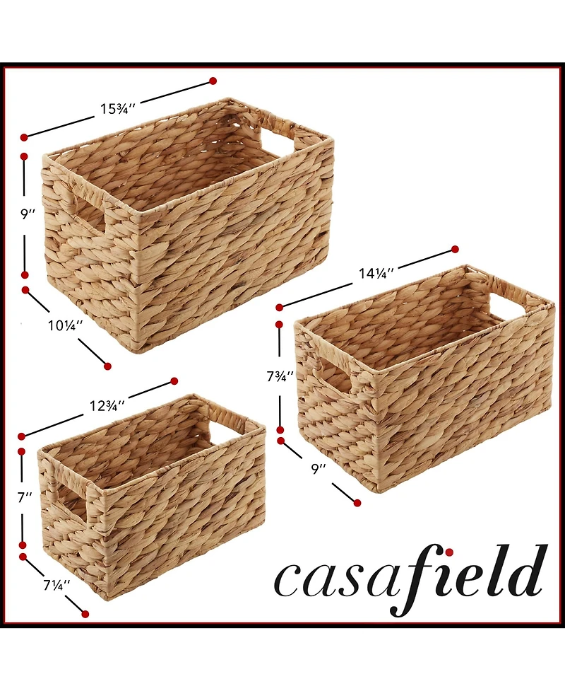 Casafield Set of 3 Water Hyacinth Storage Baskets with Handles - Small, Medium, and Large Woven Nesting Storage Bin Organizers for Shelves - Natural