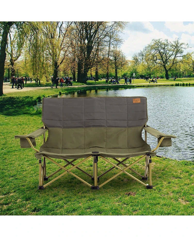 Gymax Oversized Camping Chair Folding Loveseat Camping Couch w/ Cup Holders & Padding Green