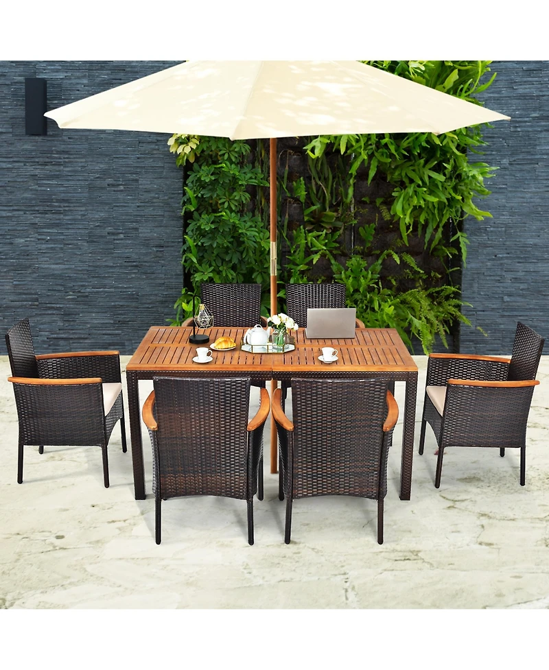 Gymax 7PCS Rattan Outdoor Dining Set Patio Furniture Set w/ Cushions Umbrella Hole