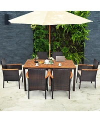 Gymax 7PCS Rattan Outdoor Dining Set Patio Furniture Set w/ Cushions Umbrella Hole