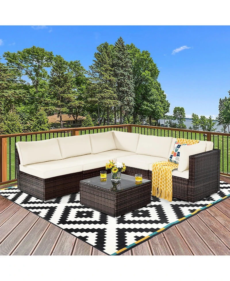 Gymax 6PCS Rattan Outdoor Sectional Sofa Set Patio Furniture Set w/ White Cushions