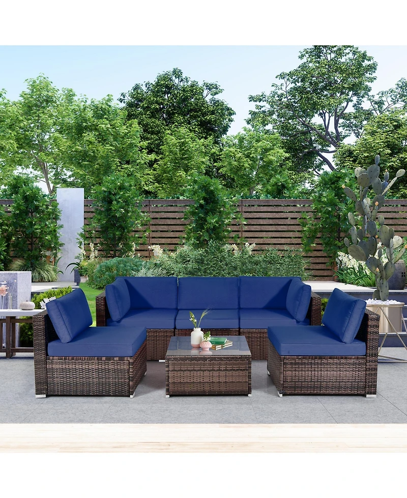 Gymax 6PCS Rattan Outdoor Sectional Sofa Set Patio Furniture Set w/ Navy Cushions