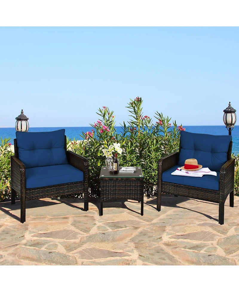 Gymax 3PCS Rattan Patio Conversation Furniture Set Yard Outdoor w/ Navy Cushions