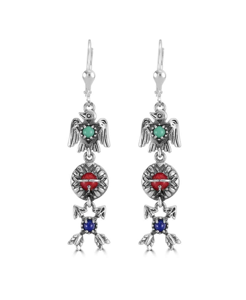 American West Jewelry Sterling Silver Gemstone Thunderbird, Sun and Crossed Arrows Dangle Earrings