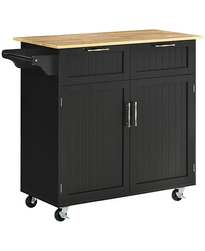 Homcom 41" Modern Rolling Kitchen Island on Wheels, Utility Cart Storage Trolley with Rubberwood Top & Drawers, Black