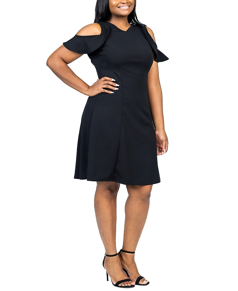 24seven Comfort Apparel Plus Ruffle Cold Shoulder A Line Dress