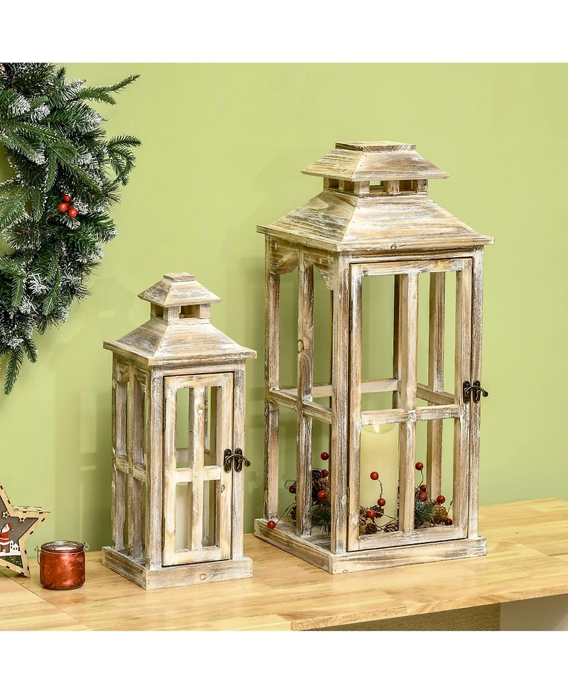 Homcom 2 Pack 28"/20" Large Lantern Decorative, Fir Wood Outdoor Lantern