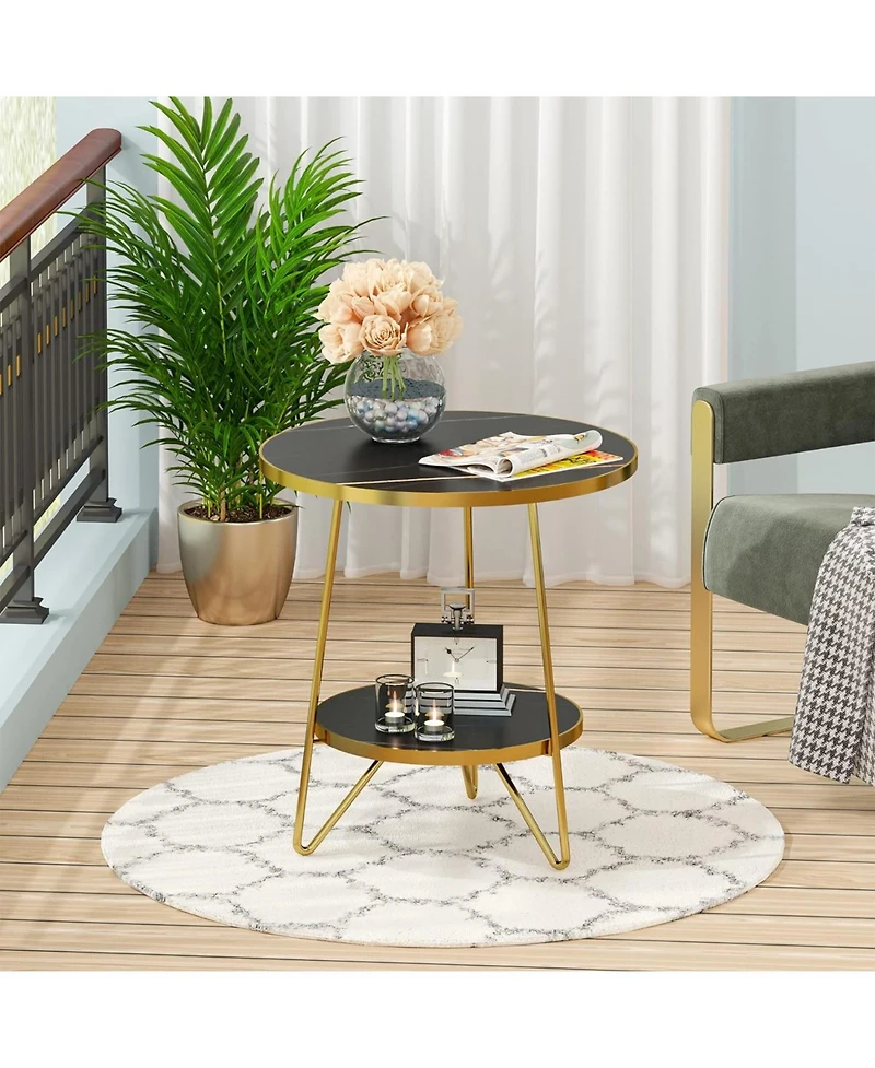 Tribesigns Faux Marble End Table, 2 Tier Round Side Table with Shelves