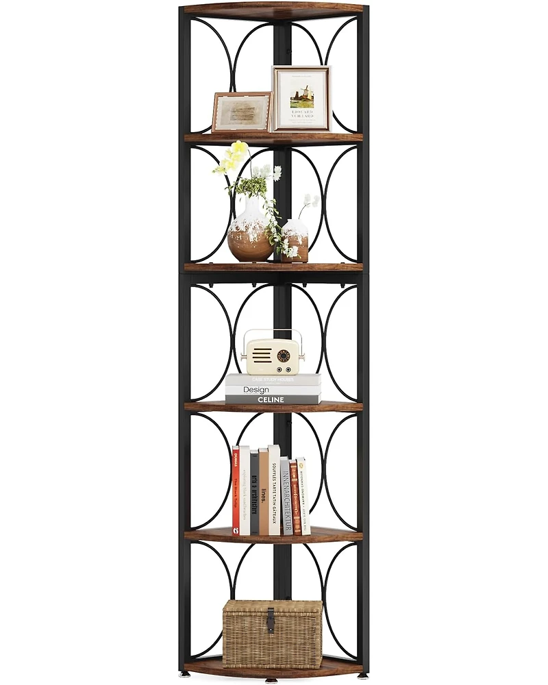 Tribesigns 67 inch Tall Corner Shelf, 6 Tier Rustic Corner Bookshelf Bookcase Storage Rack Standing Shelving Unit for Living Room, Small Space