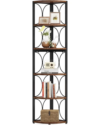 Tribesigns 67 inch Tall Corner Shelf, 6 Tier Rustic Corner Bookshelf Bookcase Storage Rack Standing Shelving Unit for Living Room, Small Space