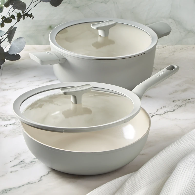 BergHOFF Balance 4Pc Non-stick Ceramic Stockpot and Wok Pan Set, Glass Lids, Recycled Aluminum