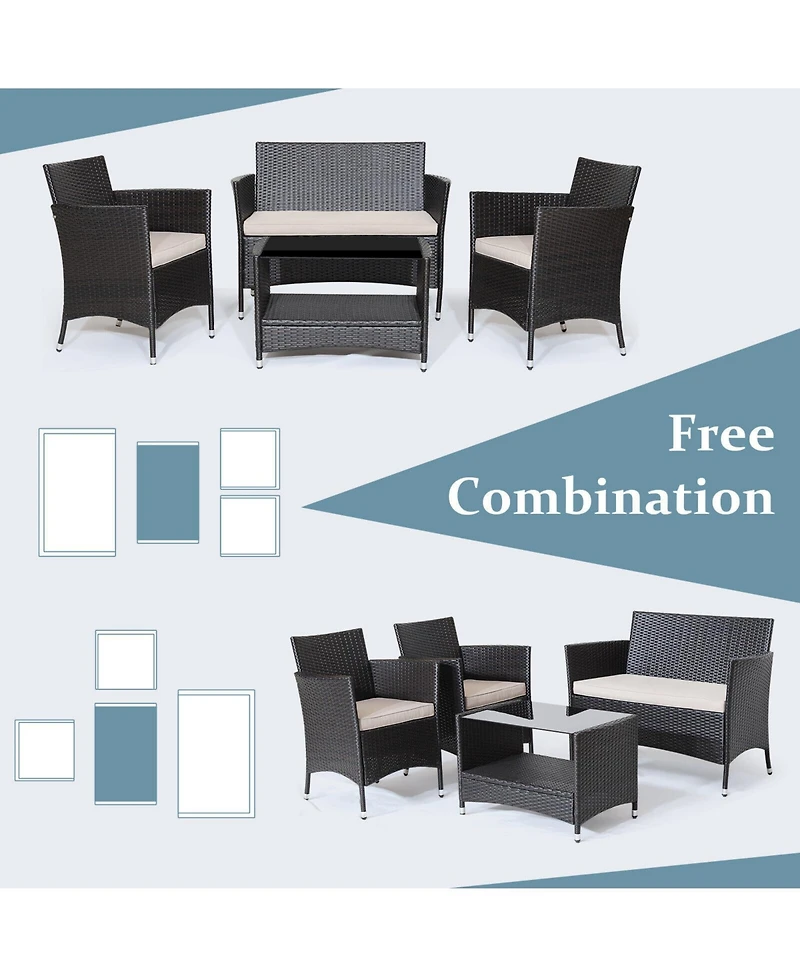 Sugift 4 Pieces Patio Conversation Set with Soft Cushions and Tempered Glass Tabletop