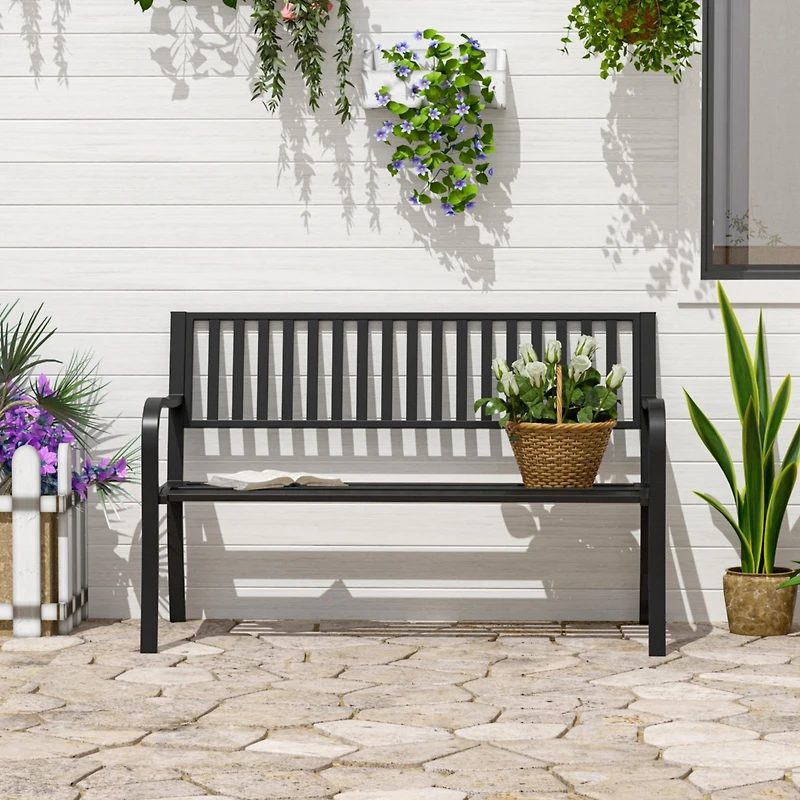 Outsunny Slat Design 2 Seat Steel Patio Garden Bench Backyard Furniture -