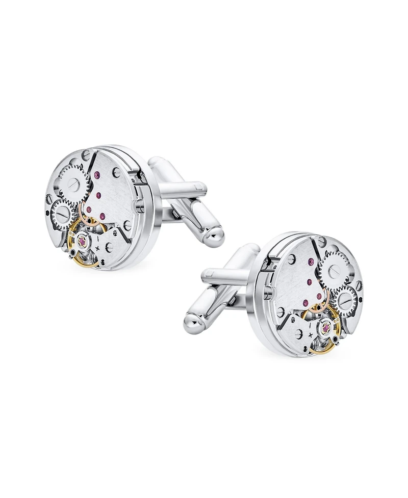 Bling Jewelry Mechanic Steam Moving Gears Wheel Solid Shirt Cufflinks Two Tone Stainless Steel Hinge Bullet Back