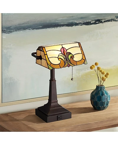 Fleura Traditional Tiffany Style Piano Banker Desk Table Lamp 17" High with Ac Power Outlet Bronze Floral Art Glass Shade Decor for Bedroom House Beds