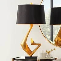 Possini Euro Design Zeus Modern Mid Century Table Lamp 28 1/2" Tall Sculptural Gold Leaf Metal Black Drum Shade Bedroom Living Room Bedside Night