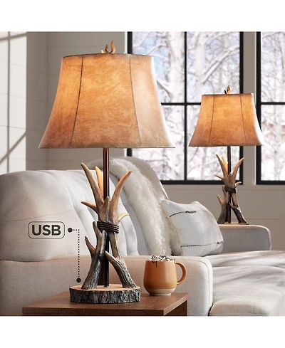 John Timberland Boone Rustic Western Table Lamps 27 1/2" Tall Set of 2 Natural Antler with Usb Charging Port Bell Shade for Bedroom Living Room O