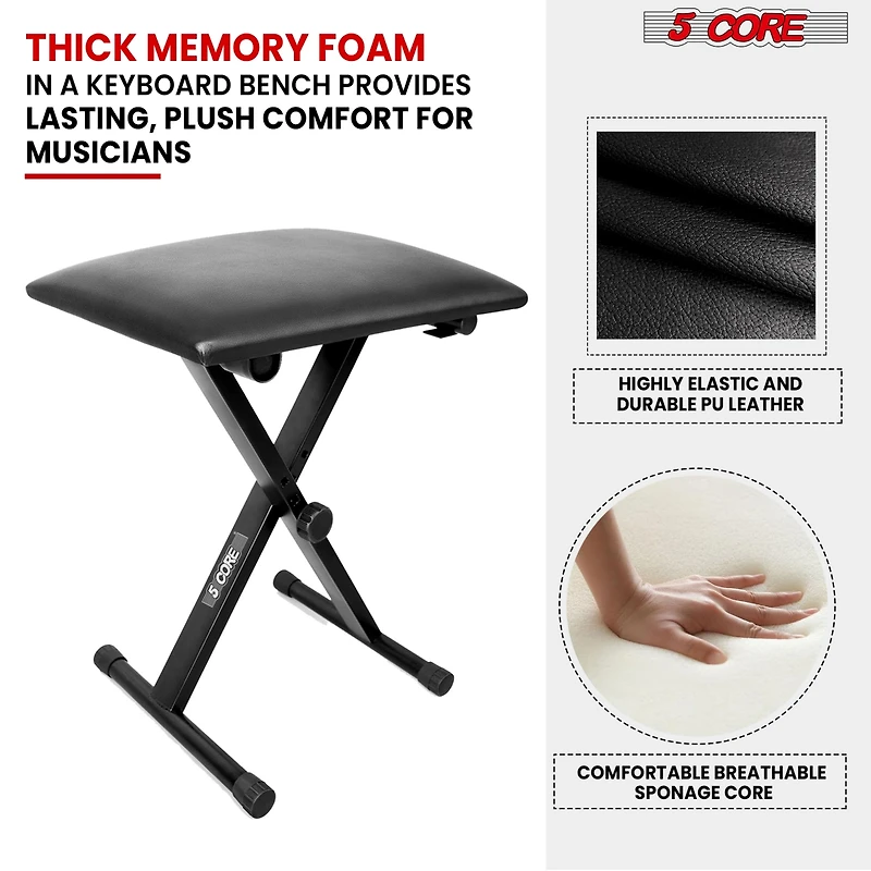 5 Core Keyboard Bench 2" Padded Cushioned Piano Stool Height Adjustable Guitar Seat Folding Portable