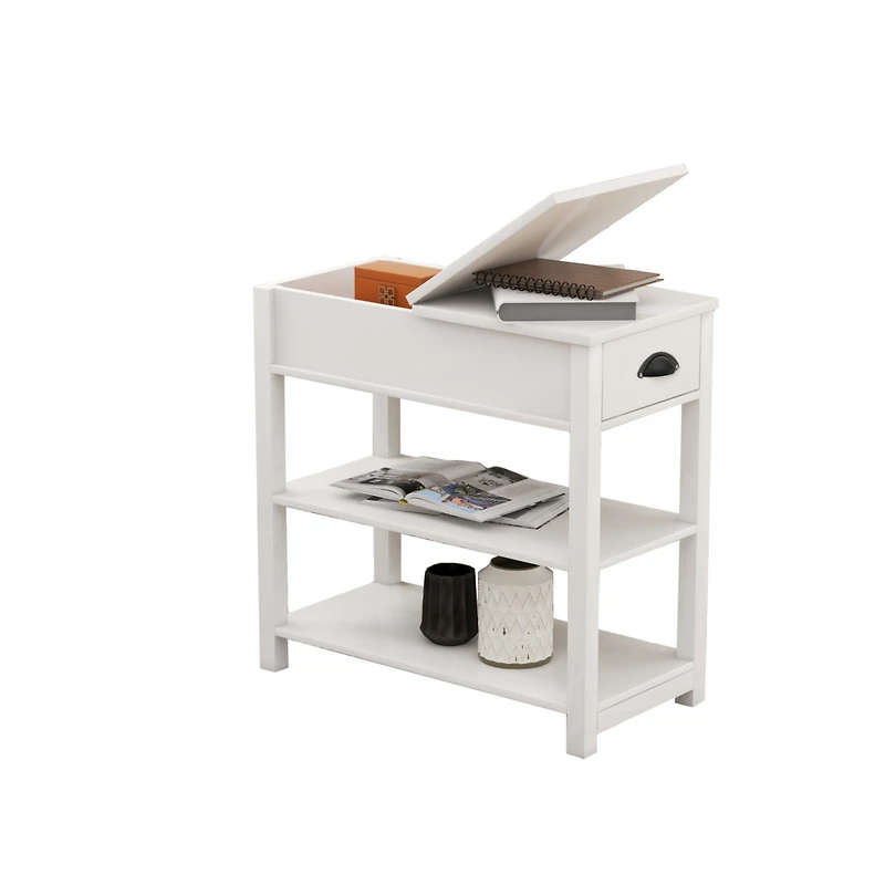 Streamdale Furniture Narrow Sided Table With Drawers And Bottom Partition In Flip Over Design - White
