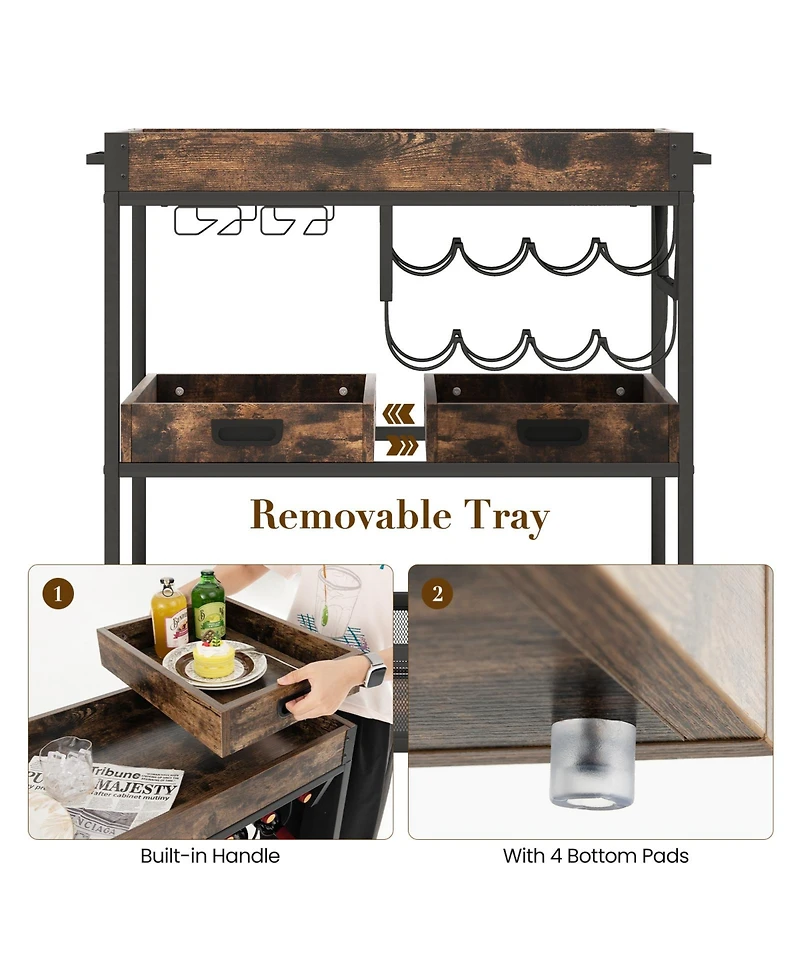 Sugift 3-Tier Industrial Buffet Serving Cart with Wine Rack