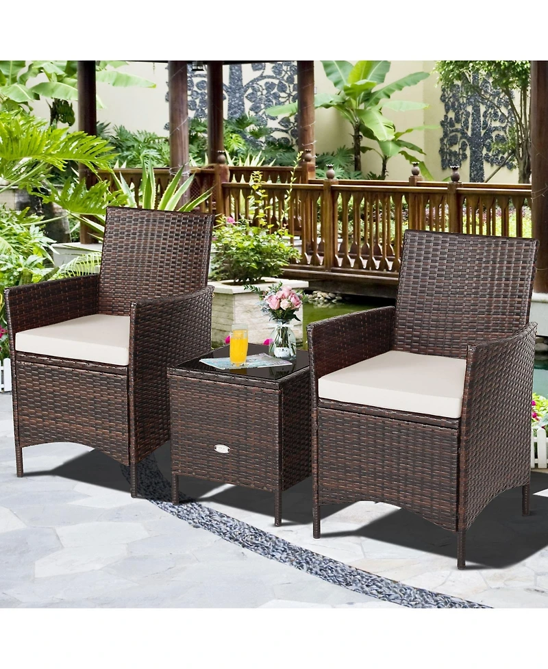 3 Pieces Patio Cushioned Rattan Converstaion Set With Glass Table Top