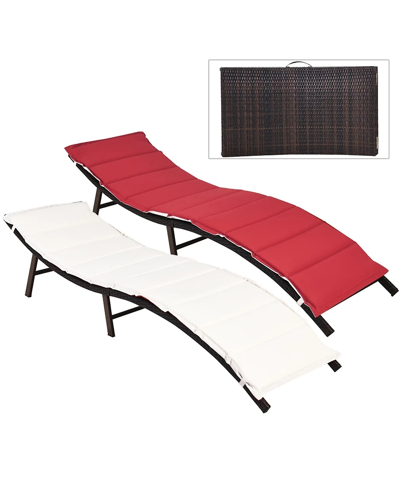 Costway 2PCS Patio Rattan Folding Lounge Chair Stackable Double Sided Cushion Outdoor