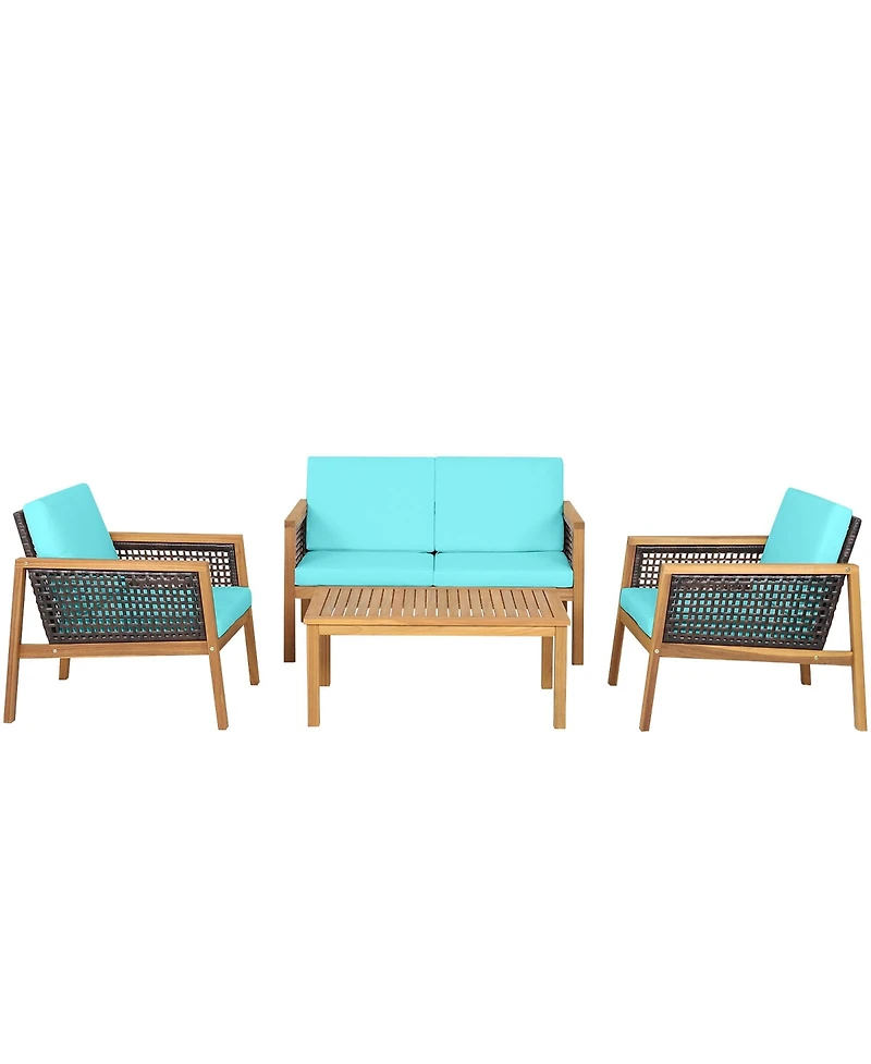 Gymax 4PCS Patio Acacia Wood Furniture Set Pe Rattan Conversation Set w/ Turquoise Cushions