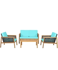 Gymax 4PCS Patio Acacia Wood Furniture Set Pe Rattan Conversation Set w/ Turquoise Cushions