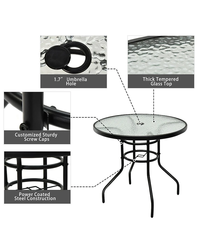 32'' Patio Round Table Tempered Glass Steel Frame Outdoor Pool Yard Garden