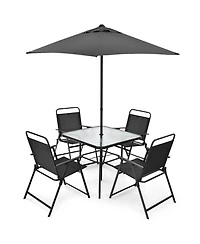 6PCS Patio Furniture Dining Set Folding Chairs Glass Table W/Umbrella Deck