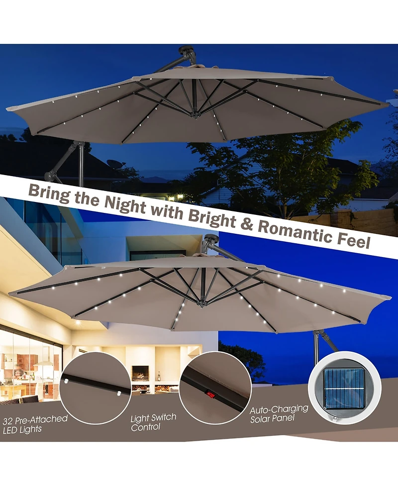 10FT Cantilever Solar Powered 32LED Lighted Patio Offset Umbrella Outdoor
