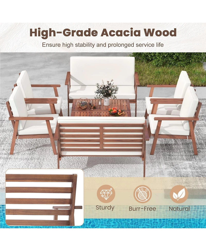 Pcs Patio Conversation Set Acacia Wood Sofa Coffee Table with Cushioned Seat