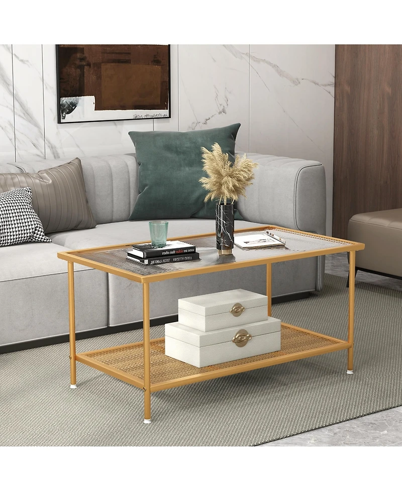 Costway 2-Tier Coffee Table with Shelf with Tempered Glass Top & Metal Frame Living Room