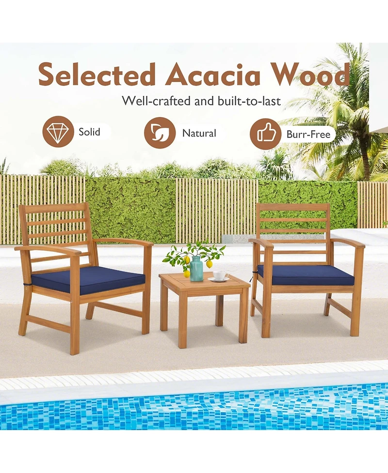 3 Pcs Outdoor Furniture Set Acacia Wood Conversation with Soft Seat Cushions