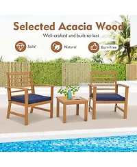 3 Pcs Outdoor Furniture Set Acacia Wood Conversation with Soft Seat Cushions