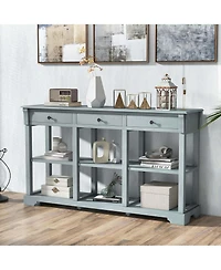 58" Long Sofa Table with Storage Retro Console Table with 3 Drawers & Open Shelves