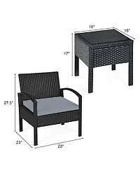 3PCS Patio Rattan Furniture Set Coffee Table Conversation Sofa Cushioned