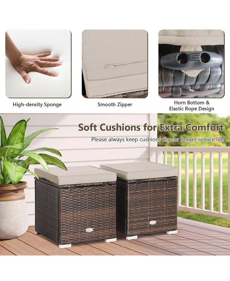 2PCS Patio Rattan Ottomans Seat Side Table Storage Box Footstool with Cushion