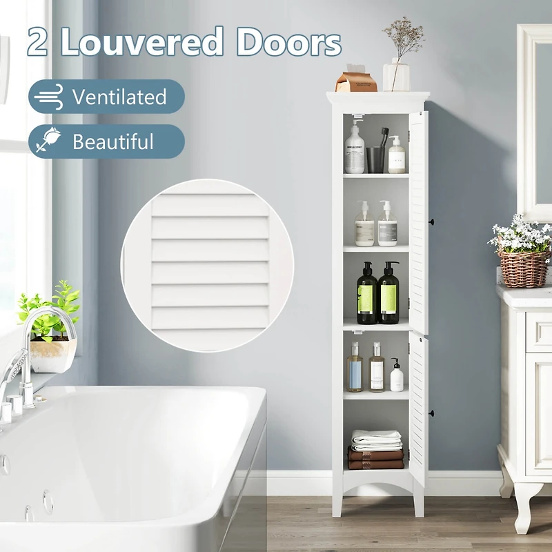 Tall Bathroom Floor Cabinet Narrow Linen Tower with 2 Doors & Adjustable Shelf