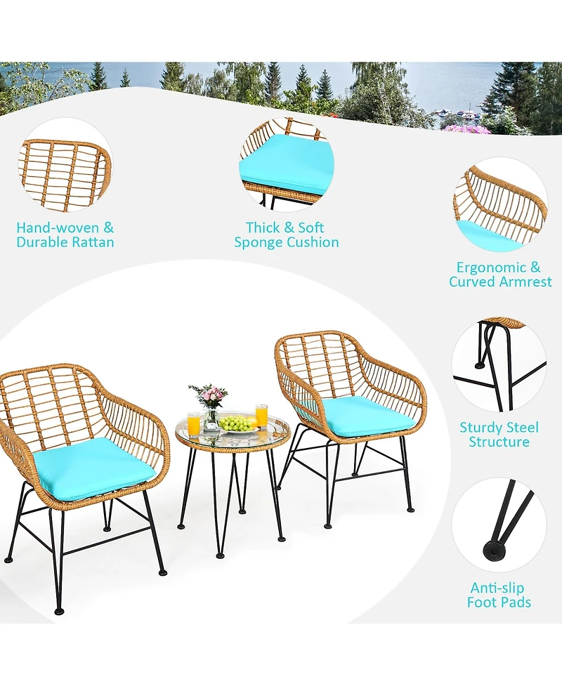 3PCS Patio Rattan Bistro Furniture Set Cushioned Chair Table