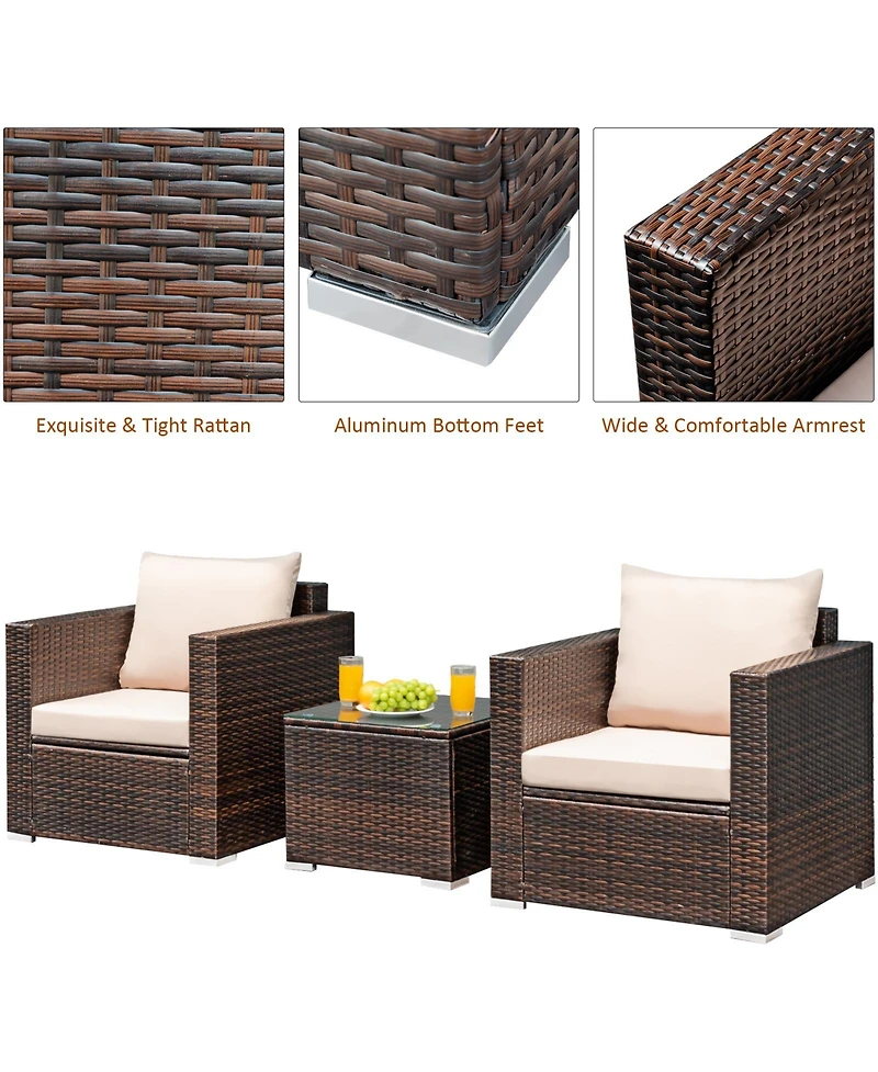 Gymax 3PCS Patio Rattan Outdoor Furniture Set w/ Cushioned Sofa Coffee Table