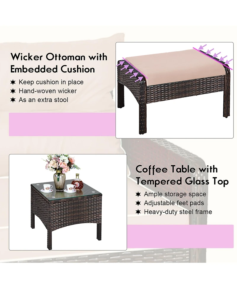 Costway 5 Pcs Rattan Wicker Furniture Set Sofa Ottoman W/Brown Cushion Patio Garden Yard