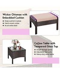 Costway 5 Pcs Rattan Wicker Furniture Set Sofa Ottoman W/Brown Cushion Patio Garden Yard