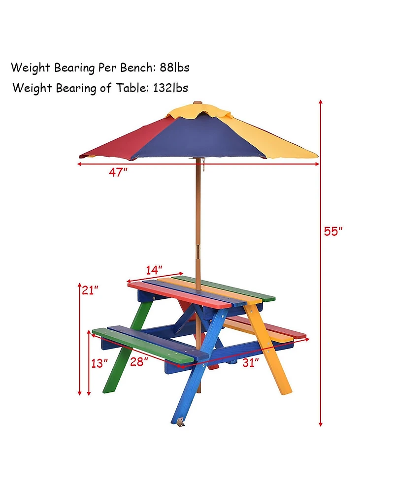 4 Seat Kids Picnic Table w/Umbrella Garden Yard